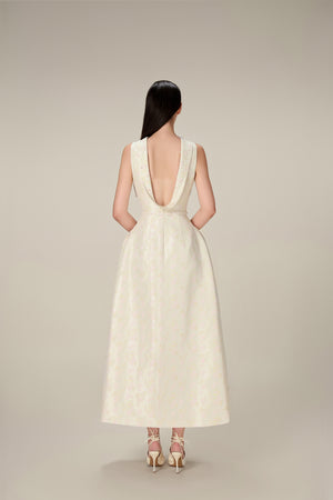 BEADED BROCADE COWL NECK LONG DRESS