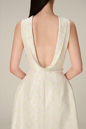 BEADED BROCADE COWL NECK LONG DRESS