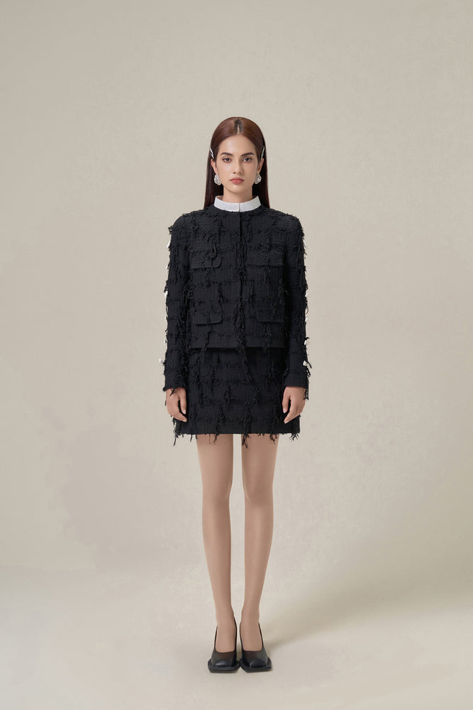 BLACK TWEED FRINGED MINI SKIRT