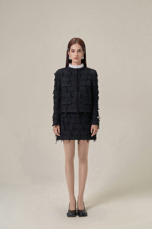 BLACK TWEED FRINGED MINI SKIRT