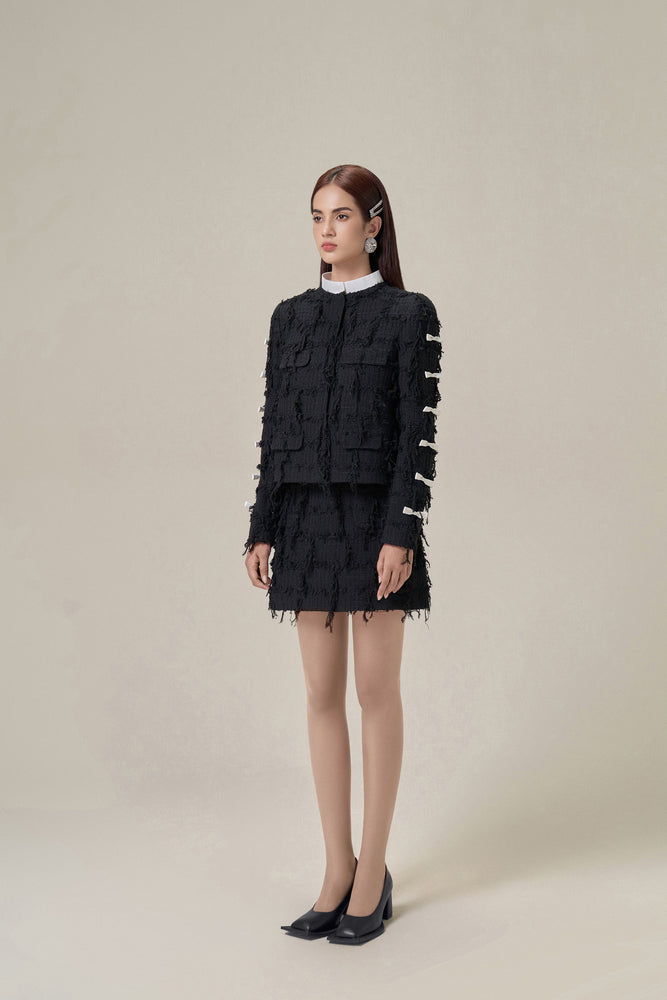 BLACK TWEED FRINGED MINI SKIRT