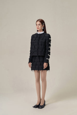 BLACK TWEED FRINGED MINI SKIRT