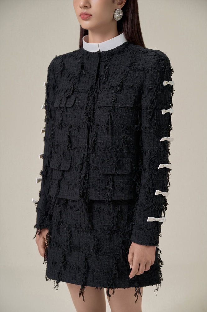 BLACK TWEED FRINGED MINI SKIRT