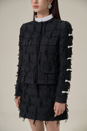 BLACK TWEED FRINGED MINI SKIRT