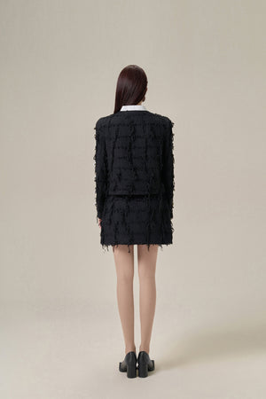BLACK TWEED FRINGED MINI SKIRT