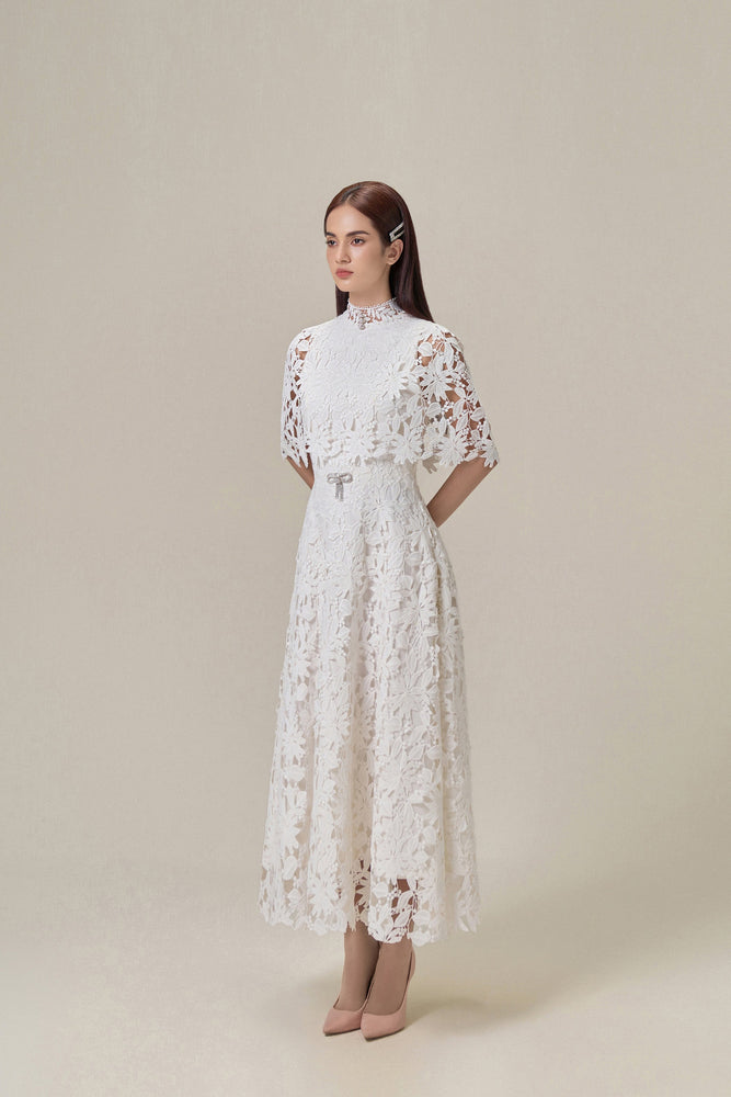 WHITE LACE CAPE DRESS