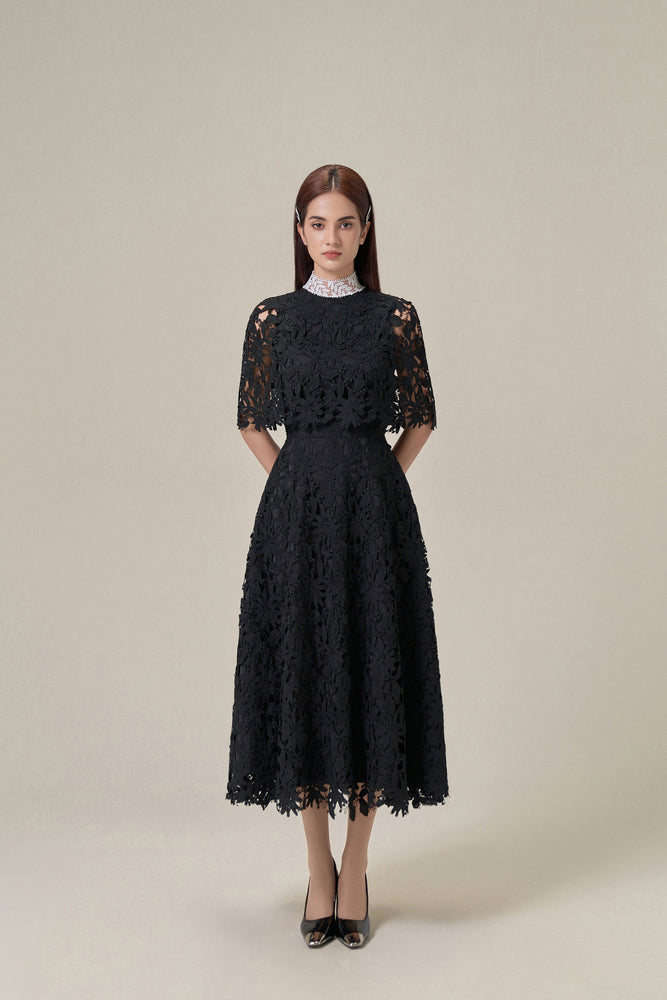 
            
                Load image into Gallery viewer, BLACK LACE CAPE DRESS
            
        