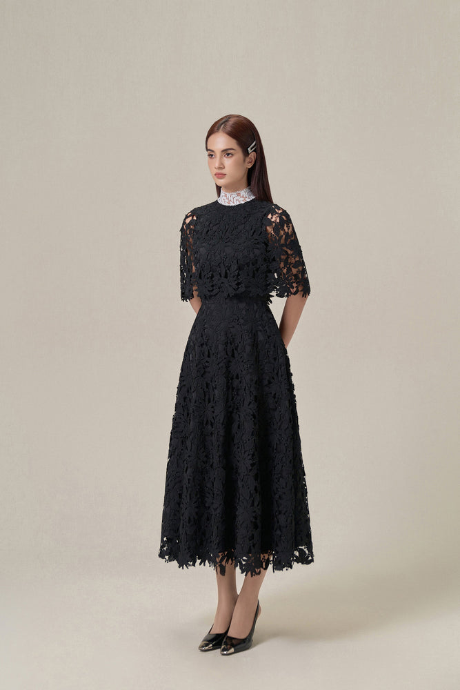 
            
                Load image into Gallery viewer, BLACK LACE CAPE DRESS
            
        