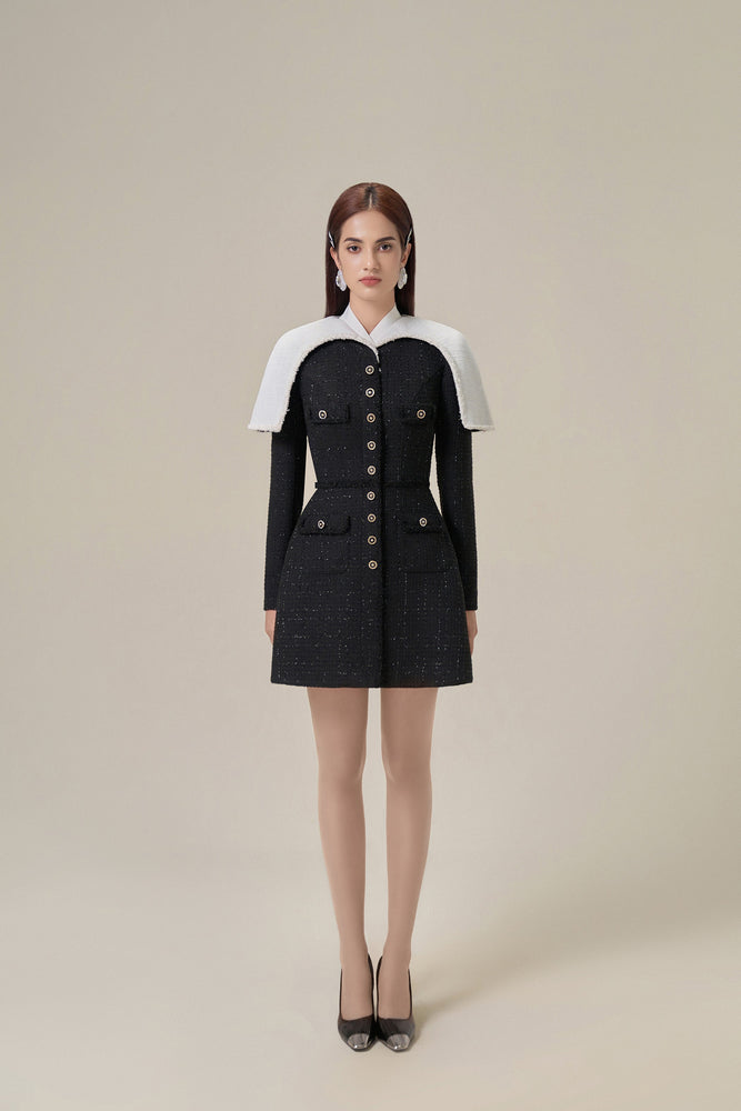 BLACK TWEED CAPE DRESS