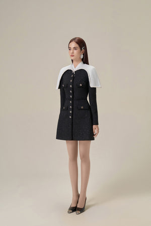 BLACK TWEED CAPE DRESS