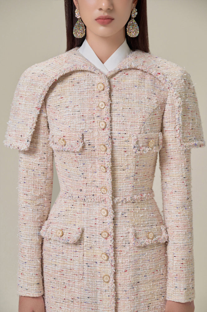 ROSEWATER TWEED CAPE DRESS
