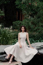 Stitching Midi Dress - White with golden thread
