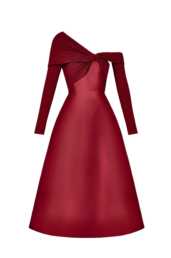 Red Jersey Draped Midi Dress
