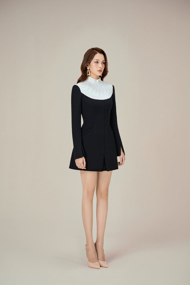 BLACK SMOCKED MINI DRESS