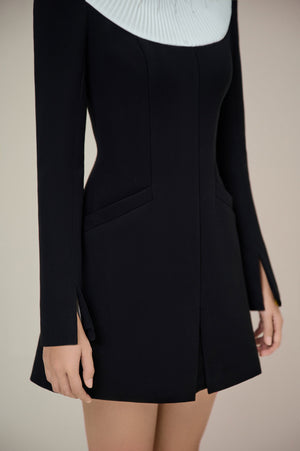 BLACK SMOCKED MINI DRESS