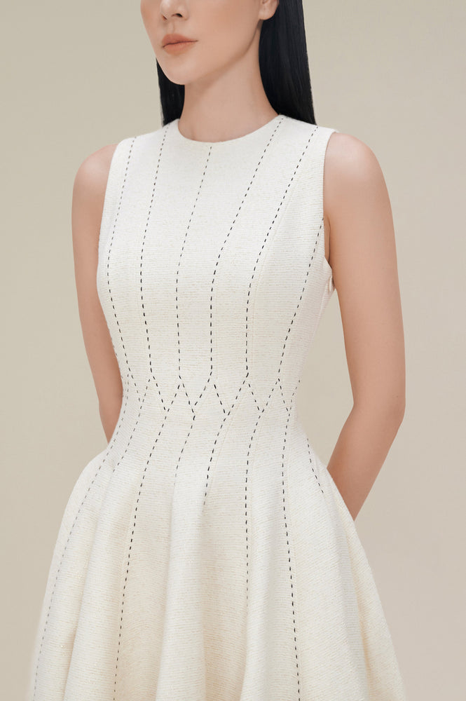 
            
                Load image into Gallery viewer, Stitching Midi Dress - White with golden thread
            
        
