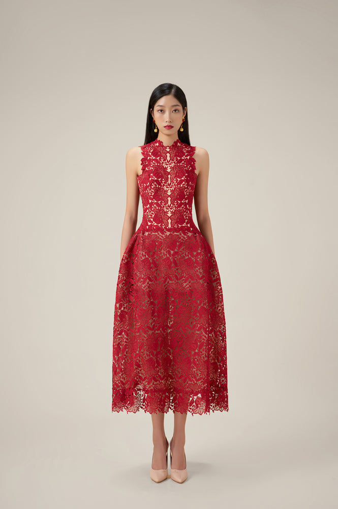 RED MULAN LACE MIDI DRESS