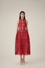 RED MULAN LACE MIDI DRESS