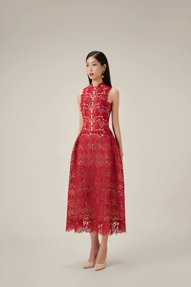 RED MULAN LACE MIDI DRESS
