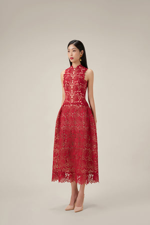 RED MULAN LACE MIDI DRESS