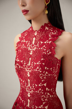 RED MULAN LACE MIDI DRESS