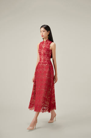 RED MULAN LACE MIDI DRESS