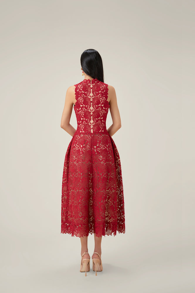 RED MULAN LACE MIDI DRESS