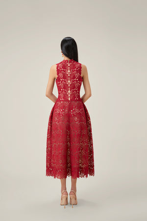 RED MULAN LACE MIDI DRESS