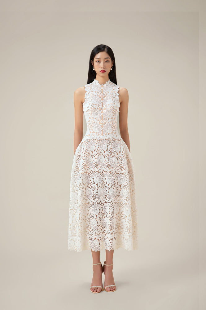 WHITE MULAN  LACE MIDI DRESS