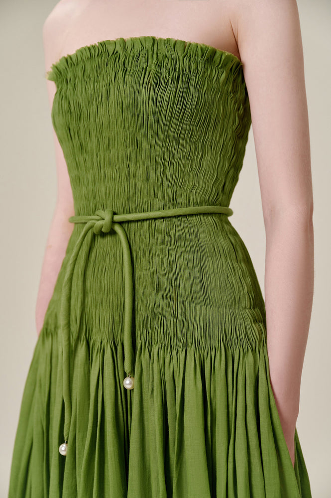 Shirring Pleat Maxi Green Dress