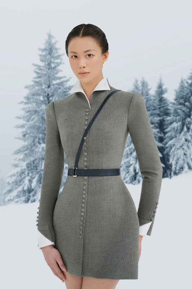Grey Herringbone Mini Dress