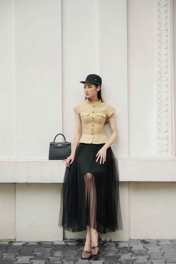 Short Sleeve Gold Tweed Top