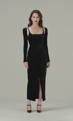 
            
                Load and play video in Gallery viewer, BLACK VELVET DRAPED DRESS
            
        