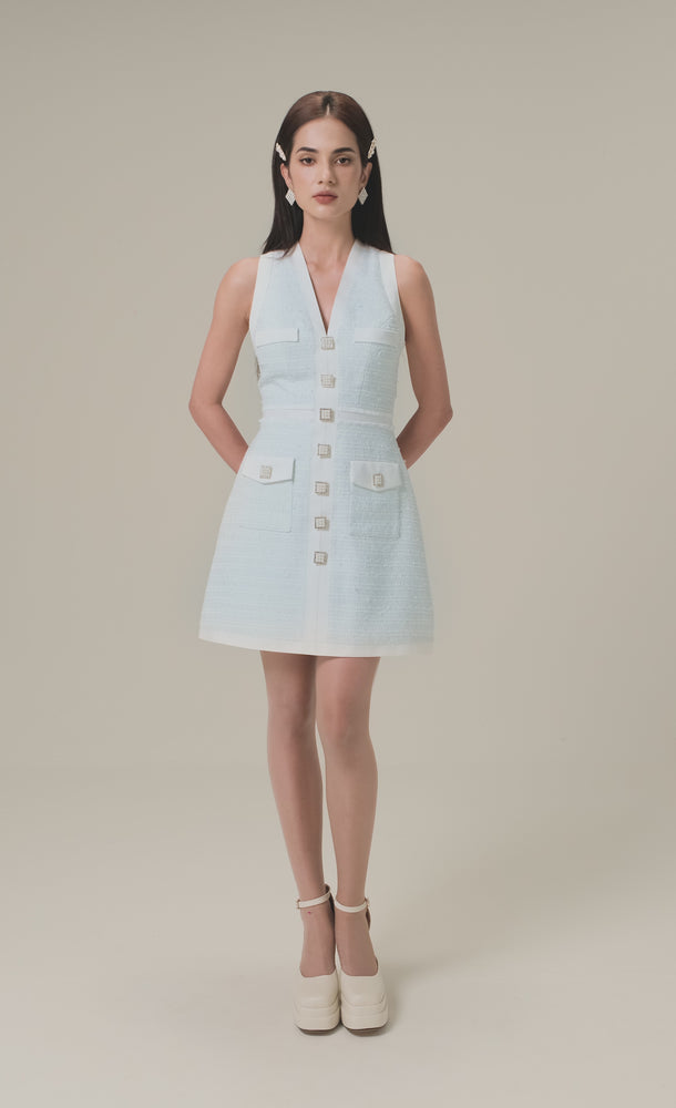 
            
                Load and play video in Gallery viewer, BABY BLUE TWEED SLEEVELESS DRESS
            
        