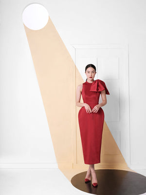 BROCADE BOW DRESS - RED