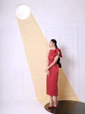 BROCADE BOW DRESS - RED