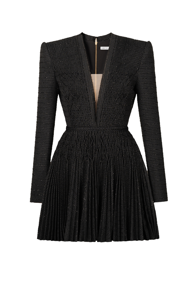 BLACK TWEED SMOCKED MINI DRESS