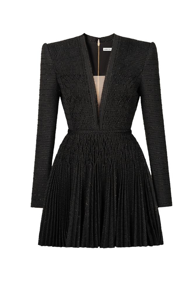 
            
                Load image into Gallery viewer, BLACK TWEED SMOCKED MINI DRESS
            
        