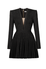 BLACK TWEED SMOCKED MINI DRESS