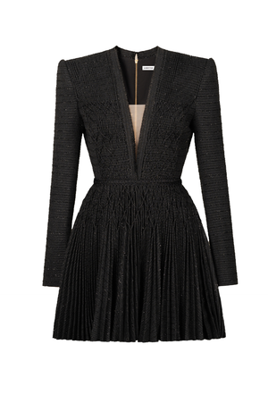 BLACK TWEED SMOCKED MINI DRESS
