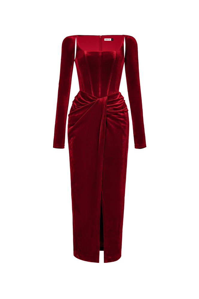 BORDEAUX VELVET DRAPED DRESS