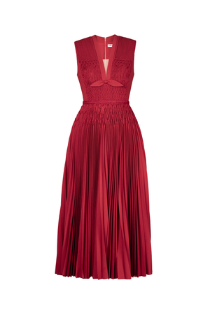 RED SMOCKED MIDI DRESS