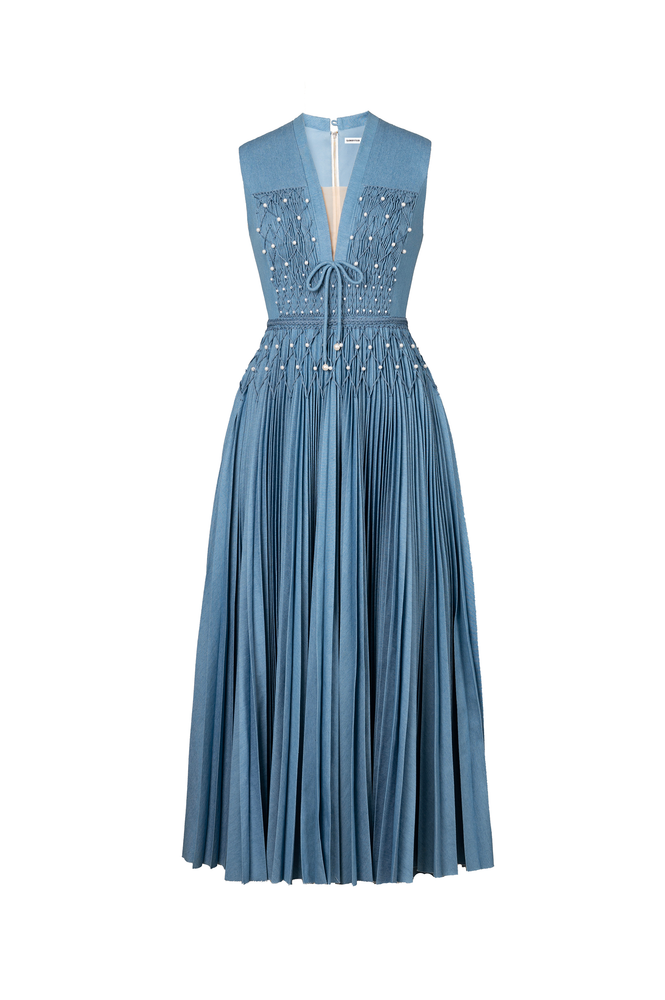 DENIM SMOCKED MIDI DRESS