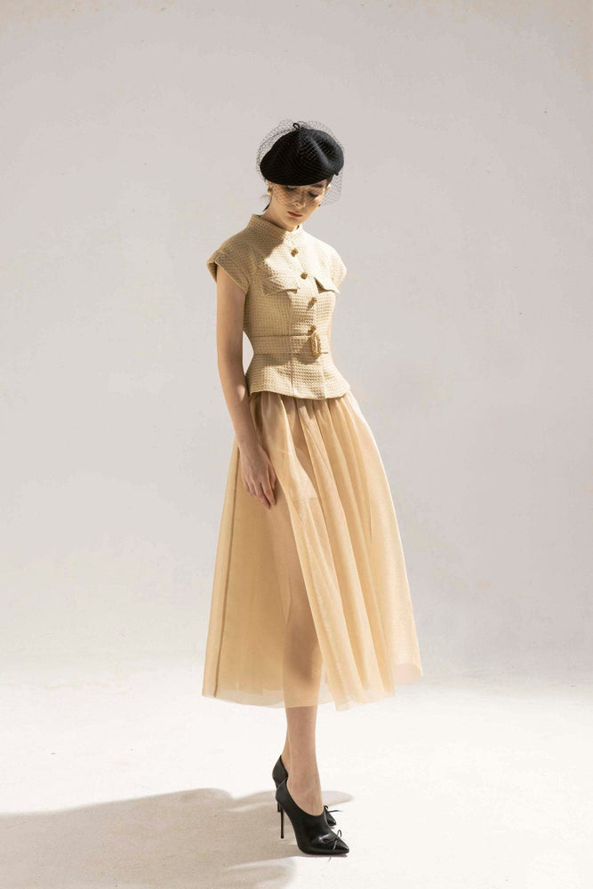 SHORT SLEEVE GOLD TWEED TOP